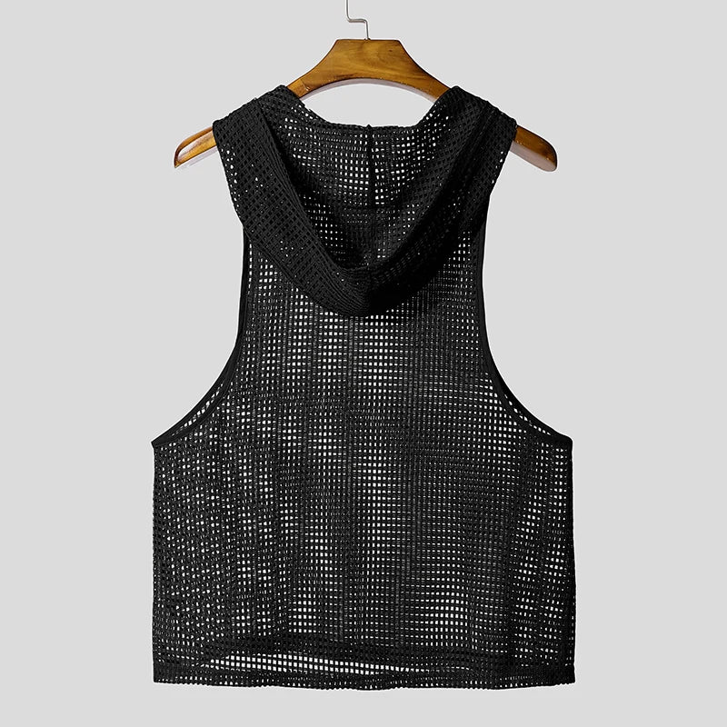 INCERUN Men Tank Tops Mesh Hollow Out Sexy See Through Hooded Sleeveless Male Vests Solid Streetwear Fashion Men Clothing S-3XL