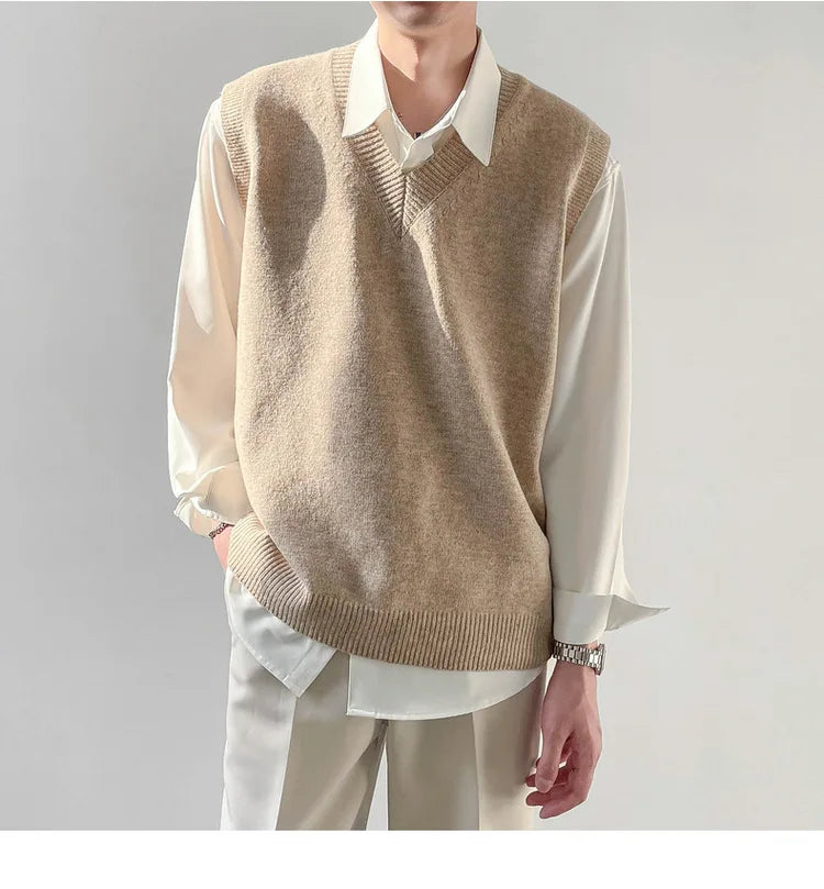 Korean Loose Base Knitted Sweater Sleeveless Vest Men's Underwear Pullover V-neck Sweater Vest