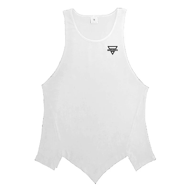 Men’s Gym Clothes Summer Trend Cotton Breathable Vest Irregular Hem Fitness Sleeveless T-shirts Printing O-neck