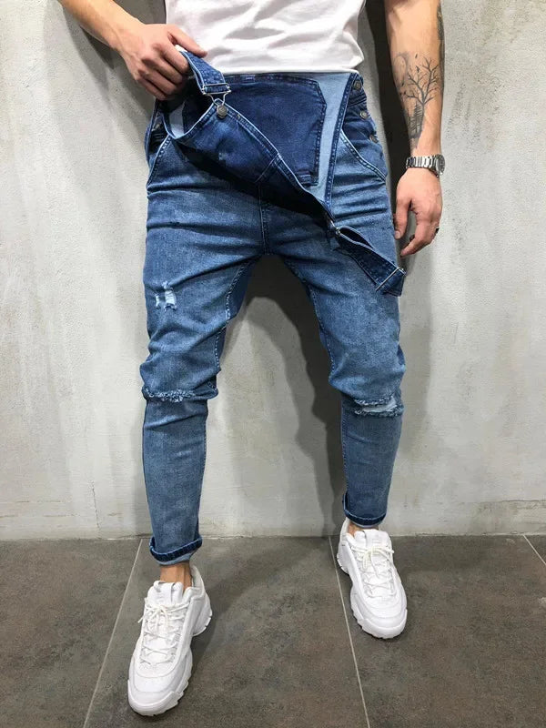 Men Jeans Jumpsuits Denim Overalls Distressed Pockets One Piece Pencil Pants Solid Washed Ankle Length Safari Style Spliced 2025