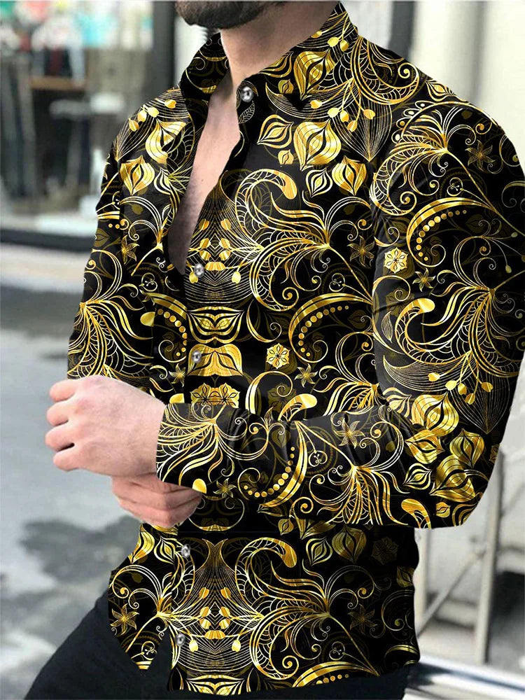 New Hawaiian Shirts Luxury Gold Pattern Shirts Men's Fashion Casual Shirts Long Sleeves Lapel Beach Shirts Men's Clothing