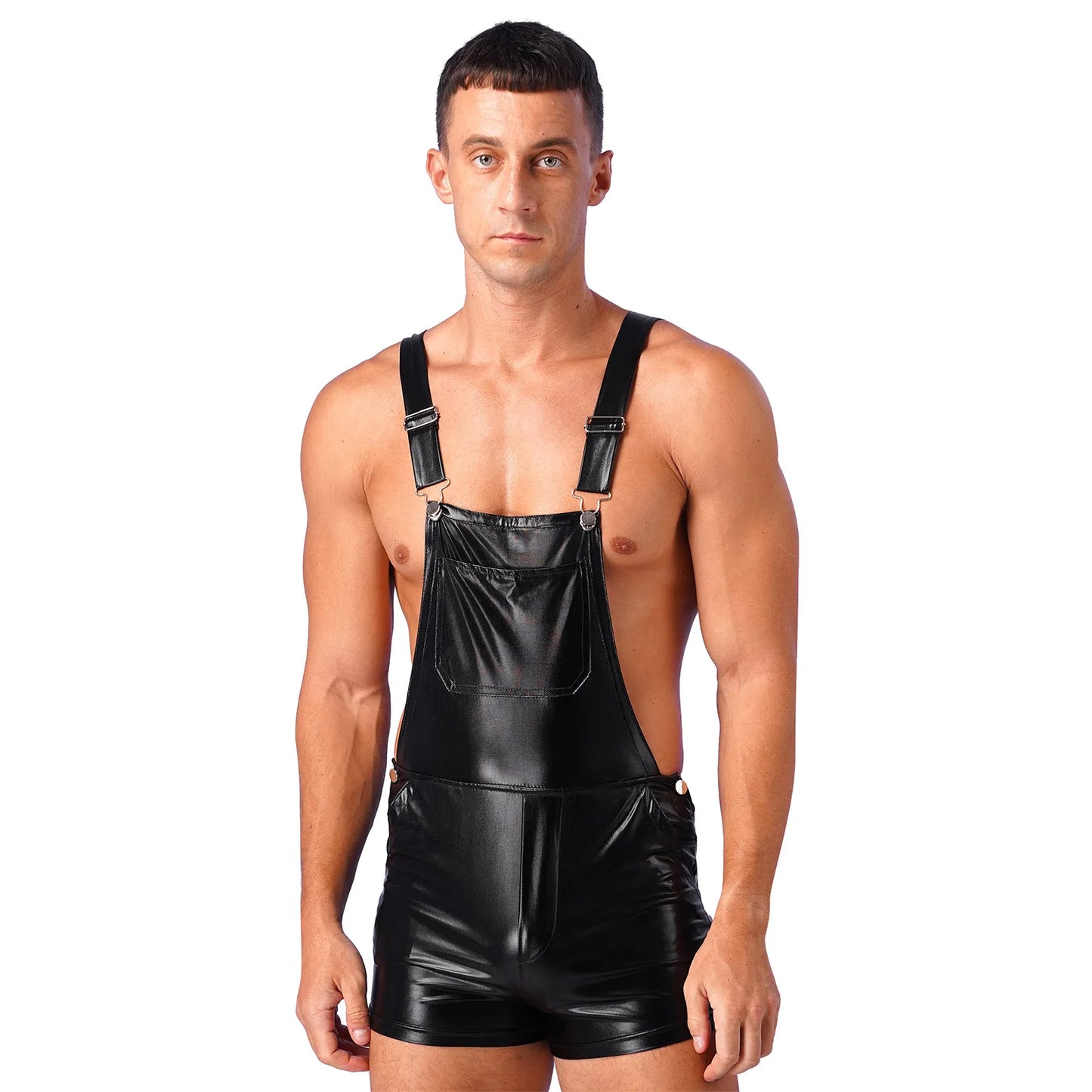 Mens Shiny Metallic Bib Overall Suspender Shorts Jazz Hip Hop Leotard Dance Costumes Shoulder Straps Jumpsuit Suspender Romper