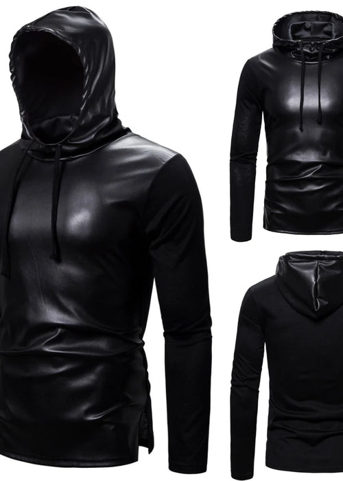 Men's Hoodies 2023 Autumn Winter Men's PU Sweatshirts Coat Male Slim Fit Faux Leather Hooded Long Sleeve Jacket Black Tops S-2XL