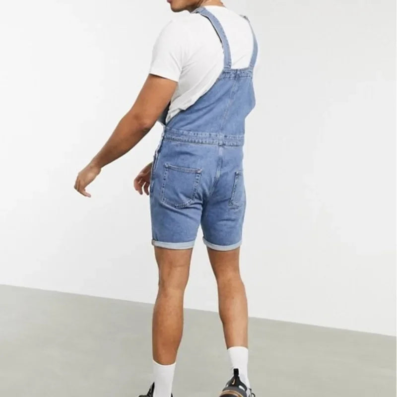 Men Summer Short Jeans Overalls Washed Denim Pencil One Piece Pockets Spliced Ripped Vintage Suspenders Casual Jumpsuits 2025