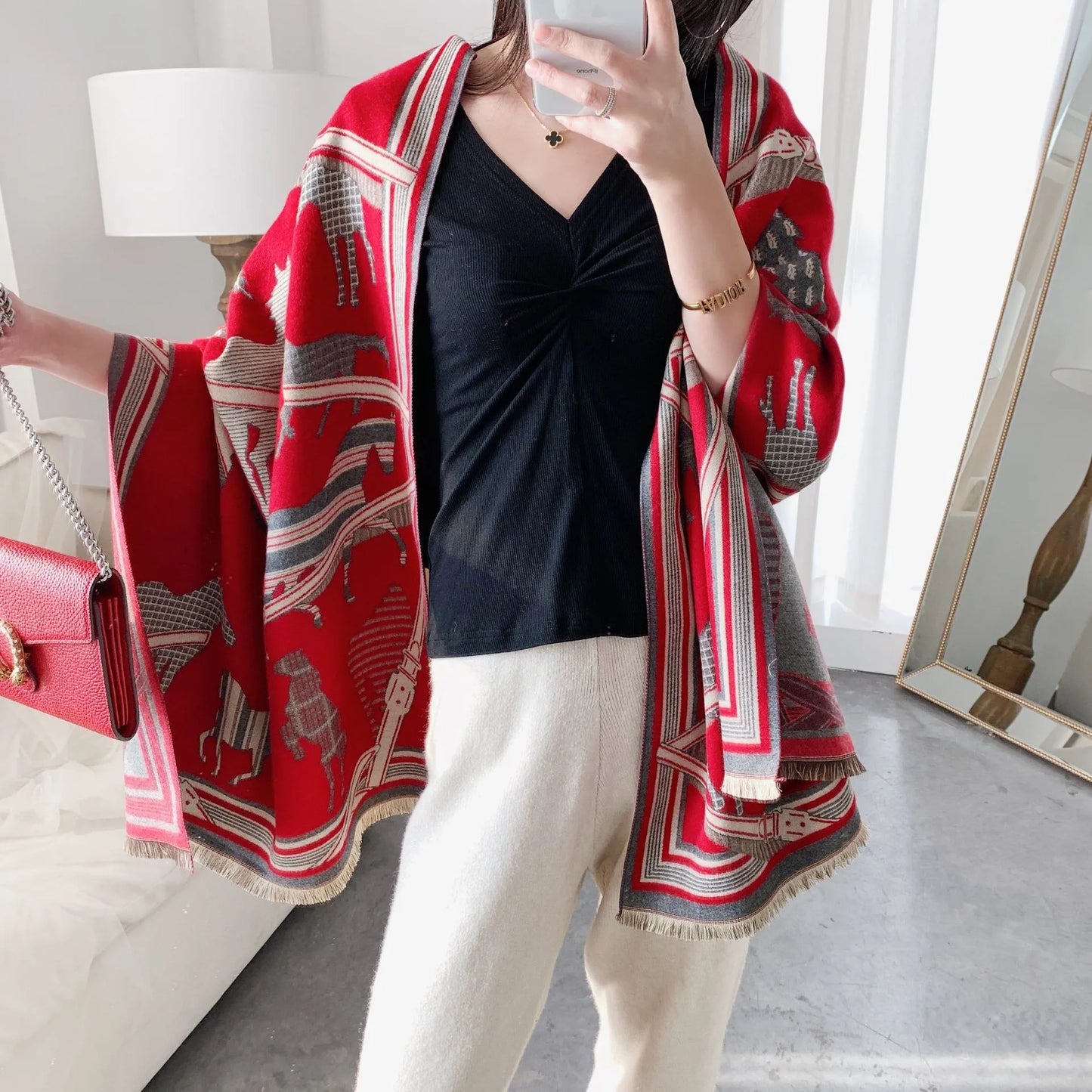 Winter Cashmere Scarf Women Luxury Horse Print Female Shawl Wrap Scarves Lady Thick Warm Blanket Gift Echarpe Pashmina