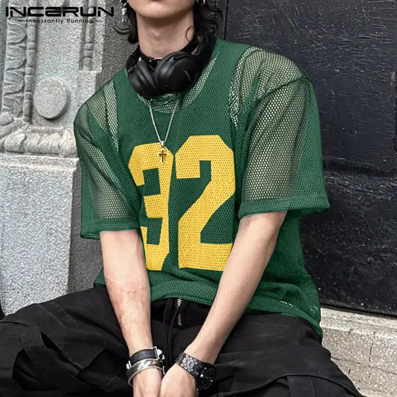 INCERUN Men T Shirt Mesh Transparent Printing O-neck Short Sleeve Sexy Men Clothing Streetwear Summer 2024 Fashion Male Tee Tops