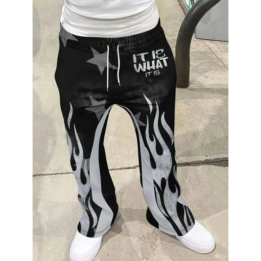Men's Trendy Hip - hop Style Casual Sweatpants Striking Flame Elements Paired with "RICH SOON" Eye - catching for Street Wear
