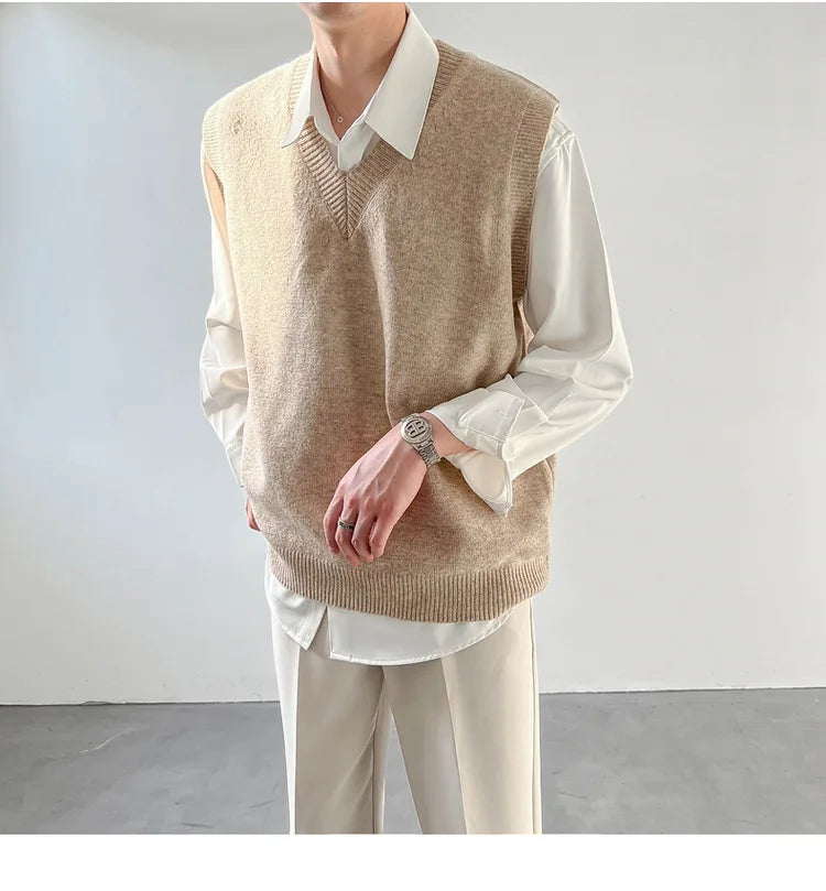 Korean Loose Base Knitted Sweater Sleeveless Vest Men's Underwear Pullover V-neck Sweater Vest