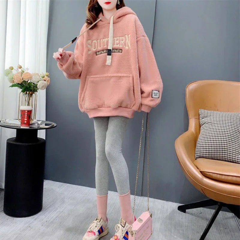 Autumn Winter Women's Jacket Fur Hoodies Sportswear Sweatshirts Y2k Harajuku Loose Warm Tops Korean Fashion Coats