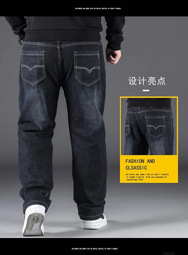 Men's Large Size Jeans Elastic Band NO 40  Oversize High Waist Loose Pant Husband Plus Size Fat Loose Black Male Denim Trouser