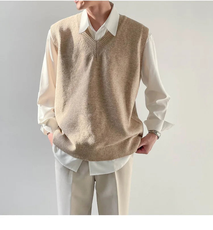 Korean Loose Base Knitted Sweater Sleeveless Vest Men's Underwear Pullover V-neck Sweater Vest
