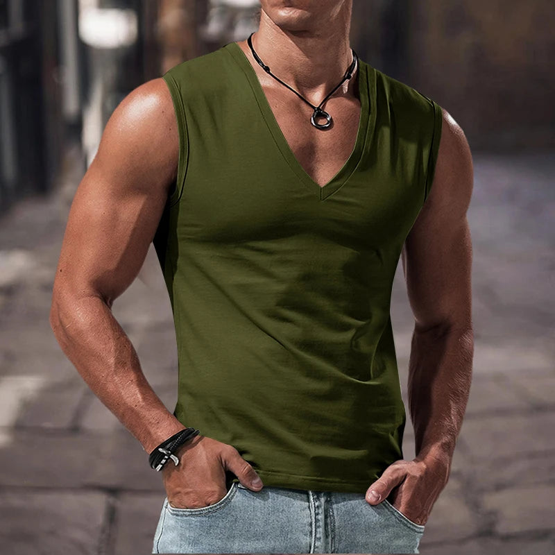 Summer men's solid color V-neck vest casual breathable sleeveless T-shirt vest suitable for fitness and sports