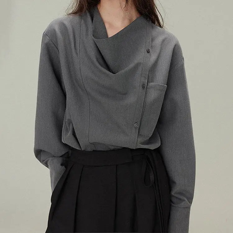 Premium gray drape shirt retro loose collar design long sleeve shirt bottoming shirt women's spring large size tide
