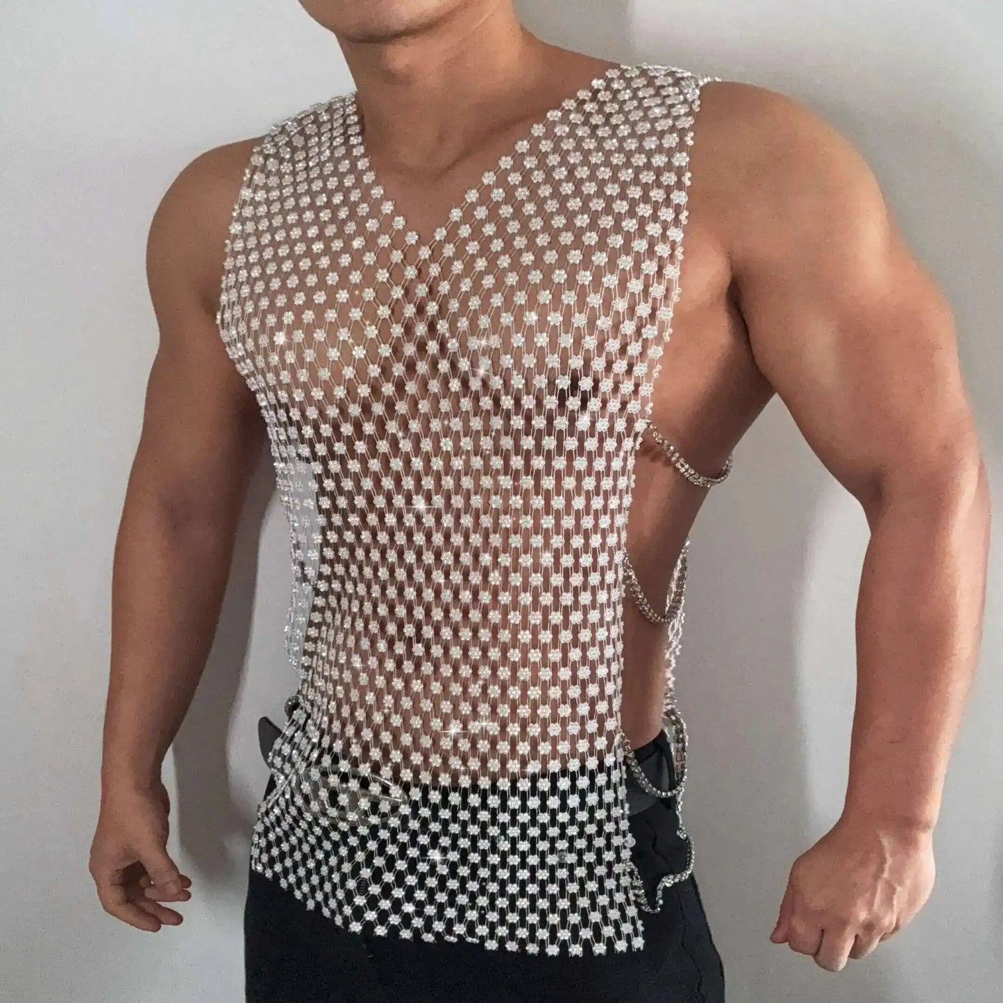 Summer shiny sequin sleeveless men fitness tank top Sexy plus size see through party club t shirt