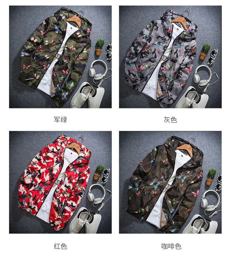2025 Spring New Men's Camouflage Hooded Jacket Fashion Butterfly Print Loose Casual Coat Men Hood Windproof Outerwear Young Teen