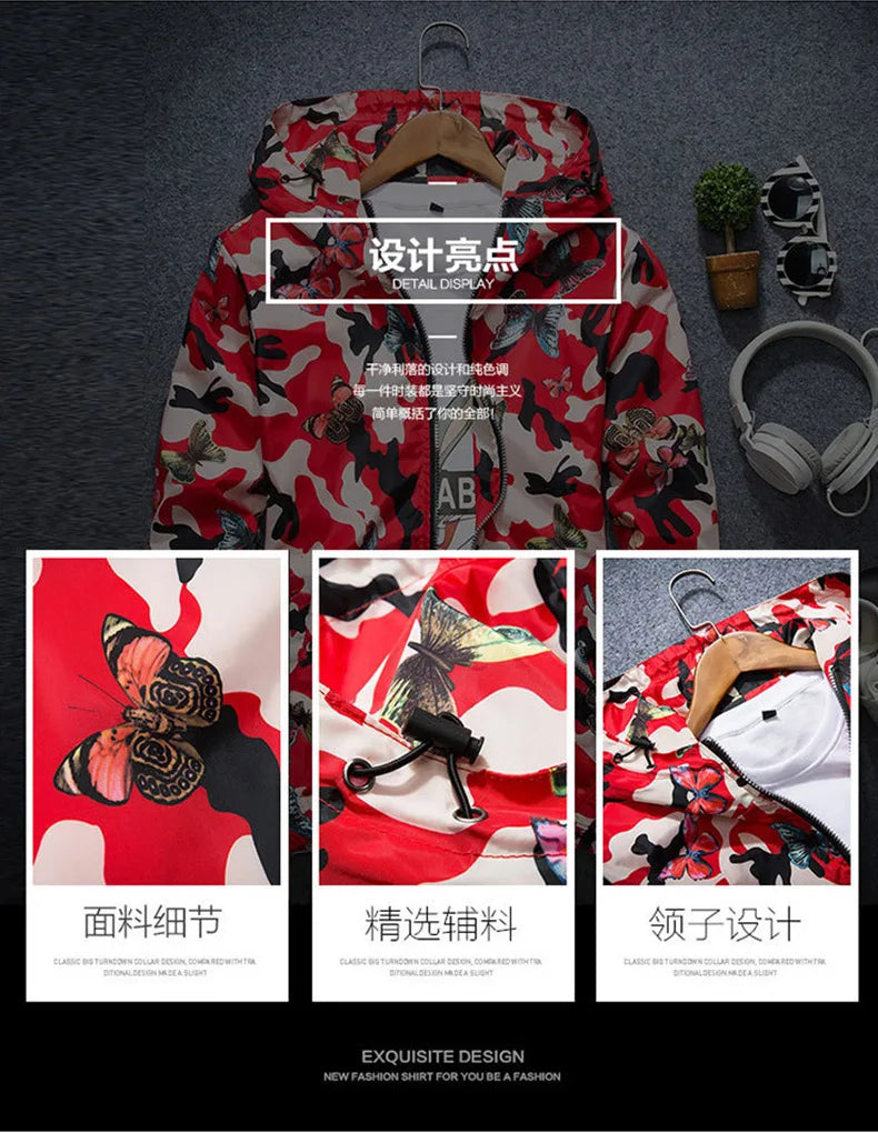 2025 Spring New Men's Camouflage Hooded Jacket Fashion Butterfly Print Loose Casual Coat Men Hood Windproof Outerwear Young Teen