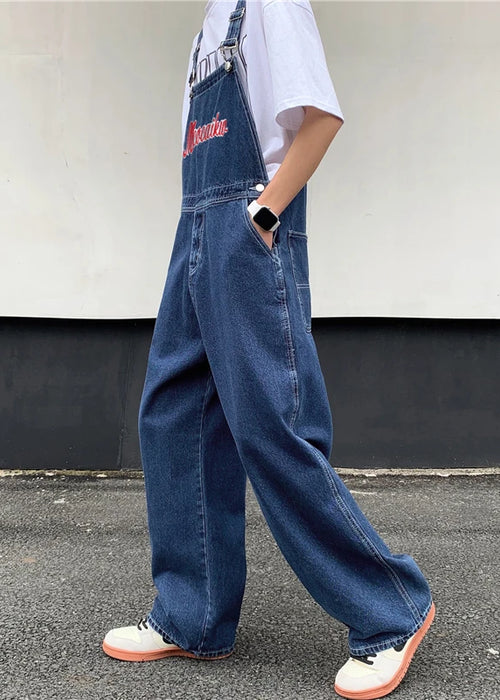 American retro denim overalls men's design sense niche Japanese casual loose couple straight work overalls vintage jeans men