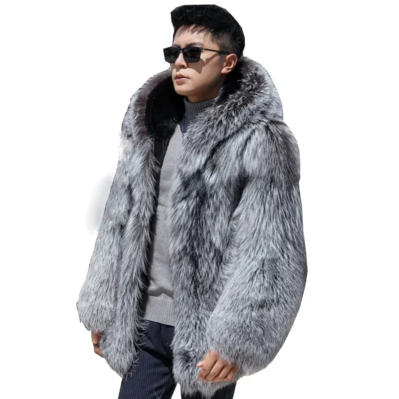 Fur Coat Men Autumn Winter Hooded Thick Faux Fox Jacket Long Sleeve Warm Luxury Fur Black Parkas Bontjas Furry Shaggy Outerwear