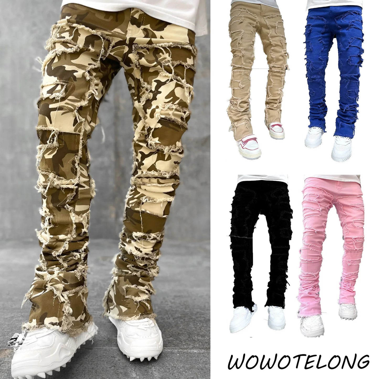 High Street White Men's Stacked Jeans Stretched Patchwork Tassel Damaged Denim Full Length Pants Hip-pop Trousers For Male ﻿