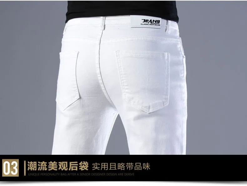 2024 Spring and Autumn New Fashion Trend White Elastic Denim Pants Men's Casual Slim Comfortable Breathable Small Legs 28-38