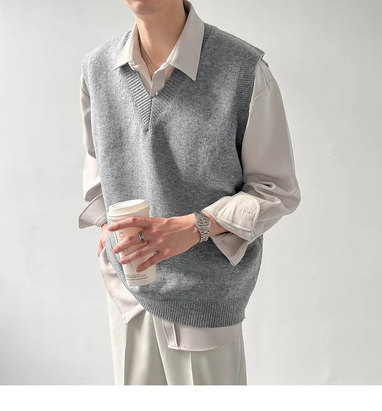 Korean Loose Base Knitted Sweater Sleeveless Vest Men's Underwear Pullover V-neck Sweater Vest