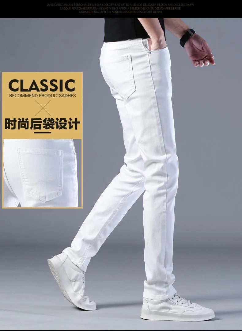 2024 Spring and Autumn New Fashion Trend White Elastic Denim Pants Men's Casual Slim Comfortable Breathable Small Legs 28-38