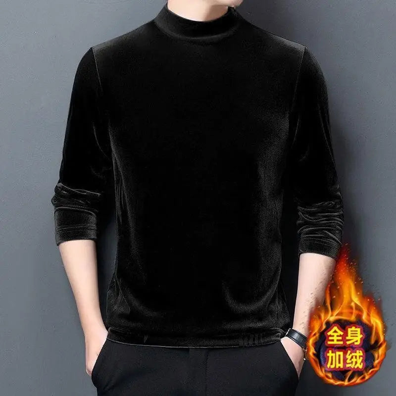Men's Sweatshirt Velvet Half Turtleneck Sweater Autumn Winter Printed Long-sleeved Top Versatile