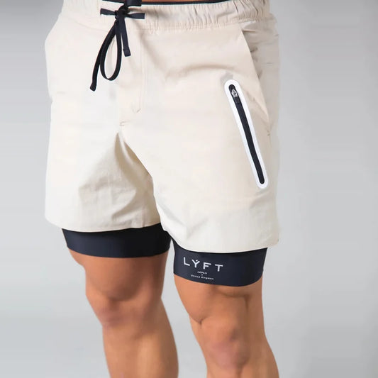 Double-deck fitness sports shorts men summer quick drying breathable woven Shorts Men's 2 IN 1training Gyms clothing