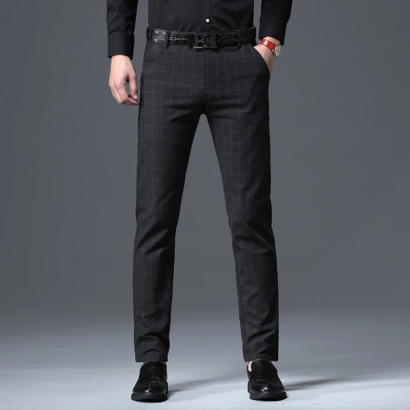 2025 Autumn New Men's Slim Plaid Casual Pants Fashion Soft Stretch Business Work Trousers Gentleman Brand Clothes Black Blue