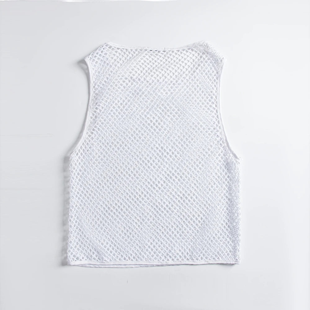 JOCKMAIL Men Tank Tops Mesh Hollow Out O-neck Sleeveless Male Vests Streetwear Summer Sexy See Through Fashion Men Clothing