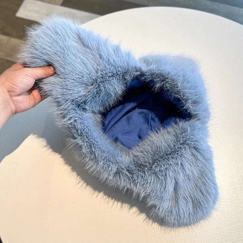 Thicken Winter Faux Fur Mink Plush Lei Feng Hat for Women Outdoor Skiing Cycling Cap Warm Ear Protection Cold Proof Russian Hat