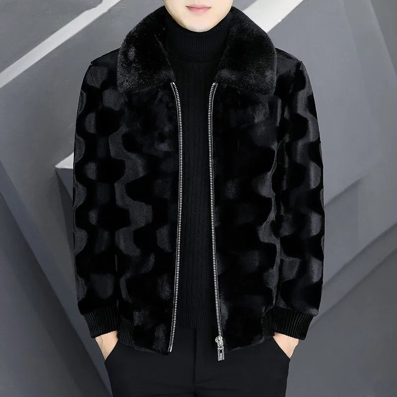 Men's Winter Faux Fur Coat High-End Zipper Thickened Warm Turn Down Collar Jacket Man Black Short Imitation Mink Hair Outwear