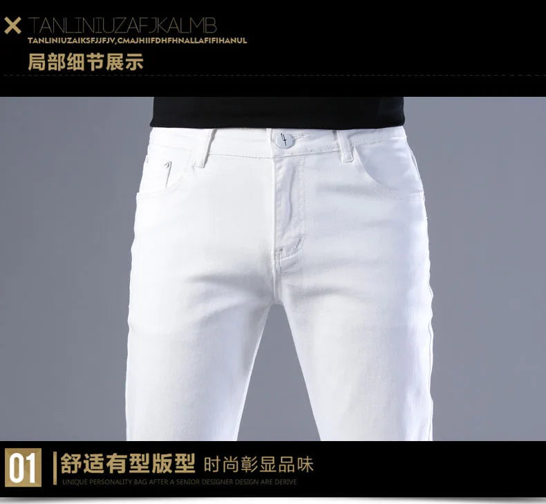 2024 Spring and Autumn New Fashion Trend White Elastic Denim Pants Men's Casual Slim Comfortable Breathable Small Legs 28-38