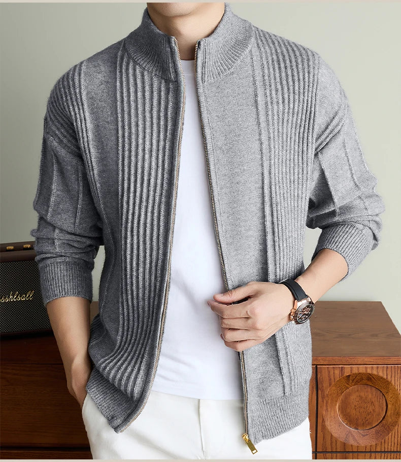 Luxury New Men's knitted sweater coat fashion jacquard zipper half high collar thicken warm soft comfort solid color cardigan
