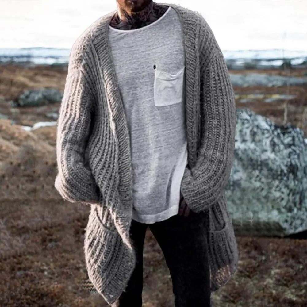 Winter Men's Cardigan Sweater Long Sleeve V Neck Loose Streetwear Knitted Mid Length Coat Men Clothing