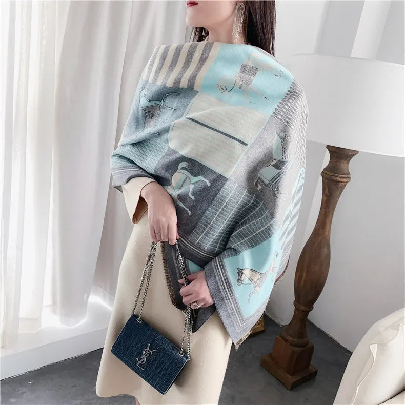 Winter Cashmere Scarf Women Luxury Horse Print Female Shawl Wrap Scarves Lady Thick Warm Blanket Gift Echarpe Pashmina