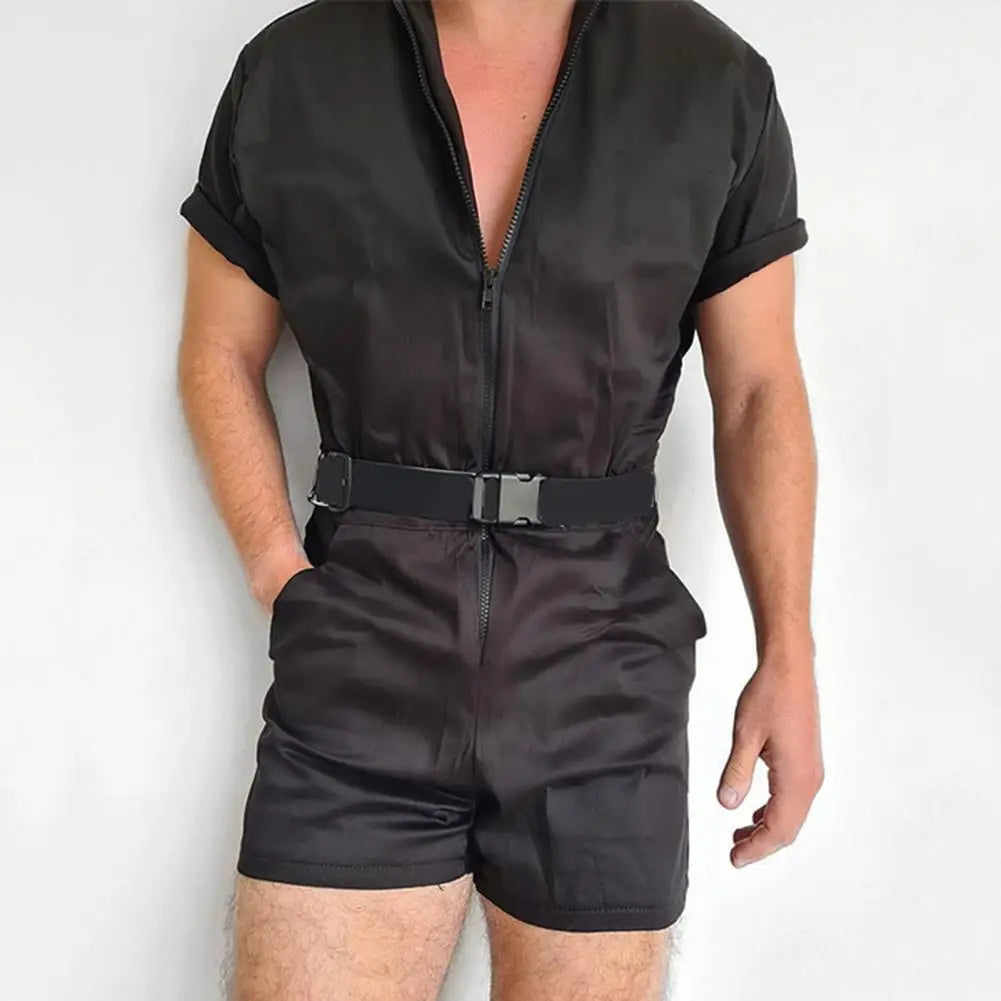 Mens Causal Solid Color Jumpsuit Fashion Male Summer Short Sleeve Zipper Overall Streetwear Slim Shorts Fine Stitching Rompers