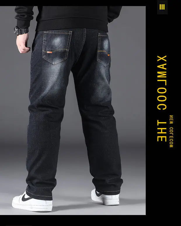 Men's Large Size Jeans Elastic Band NO 40  Oversize High Waist Loose Pant Husband Plus Size Fat Loose Black Male Denim Trouser