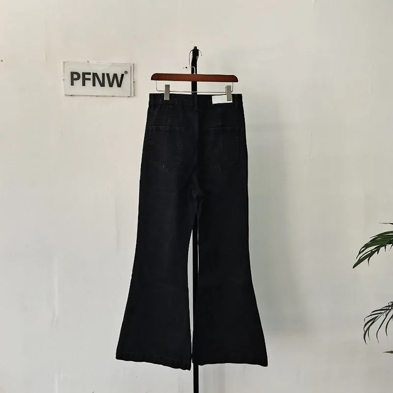 PFNW Men's Denim Pants High Street Wide-leg Flared Jeans2024 Summer New Trendy Male Straight Trousers Black Dark Style 12Z6022