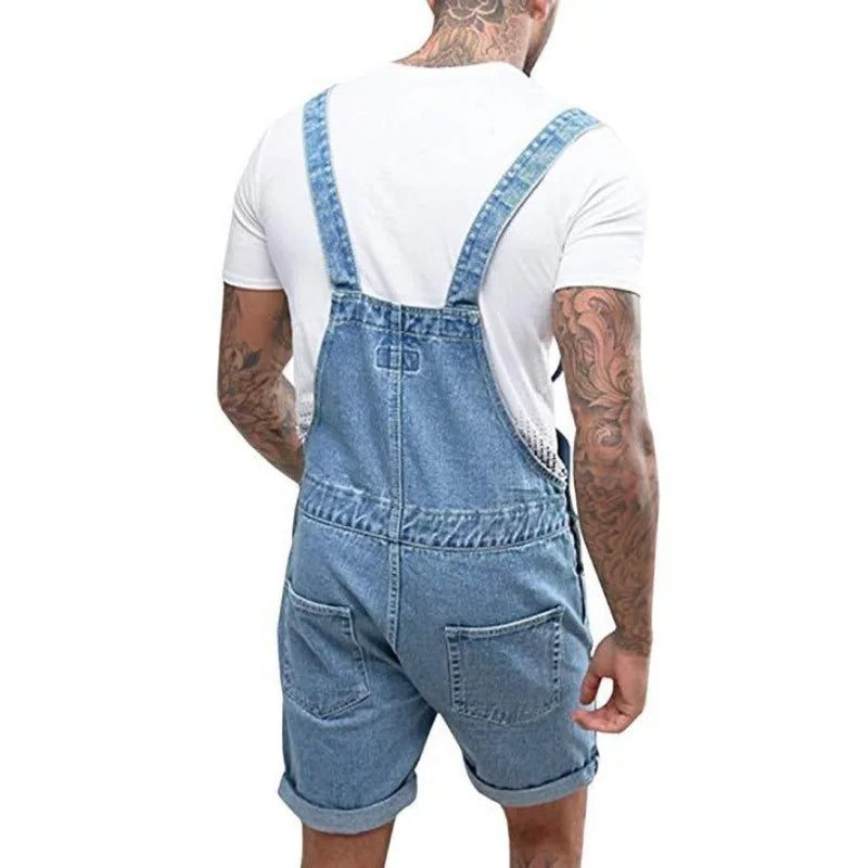 Wepbel One-Piece Working Bib Top Pants Denim Retro Jeans Overalls Summer Men's Denim with Hole Shorts Suspender Shorts Jeans