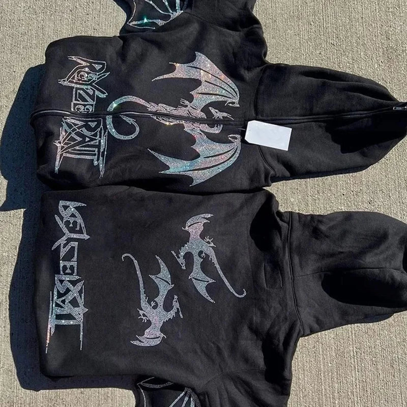 Y2k Women Pullover Winter Fall Hoodie Casual Zip Jacket Men's Hip Hop Hoodies Meteor Rhinestone Printed Harajuku Streetwear