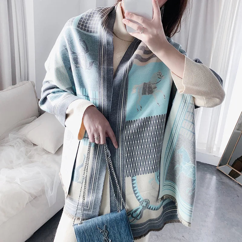 Winter Cashmere Scarf Women Luxury Horse Print Female Shawl Wrap Scarves Lady Thick Warm Blanket Gift Echarpe Pashmina