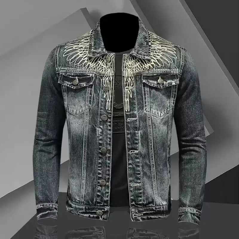 Men's retro denim jacket high street trendy embroidered lapel motorcycle jacket loose casual fashion versatile men's clothing