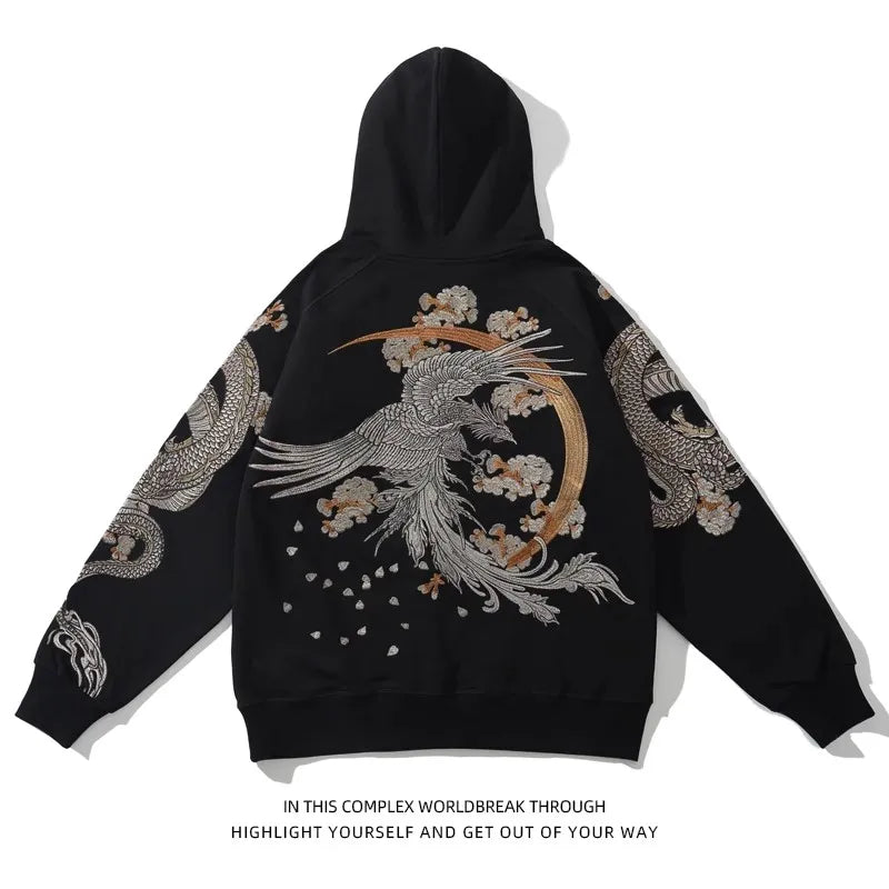 High Street Black Loose Long Sleeve Streetwear Phoenix Dragon Sakura Embroidered Fashionable Men Boys Pullover Tops Hoodies L