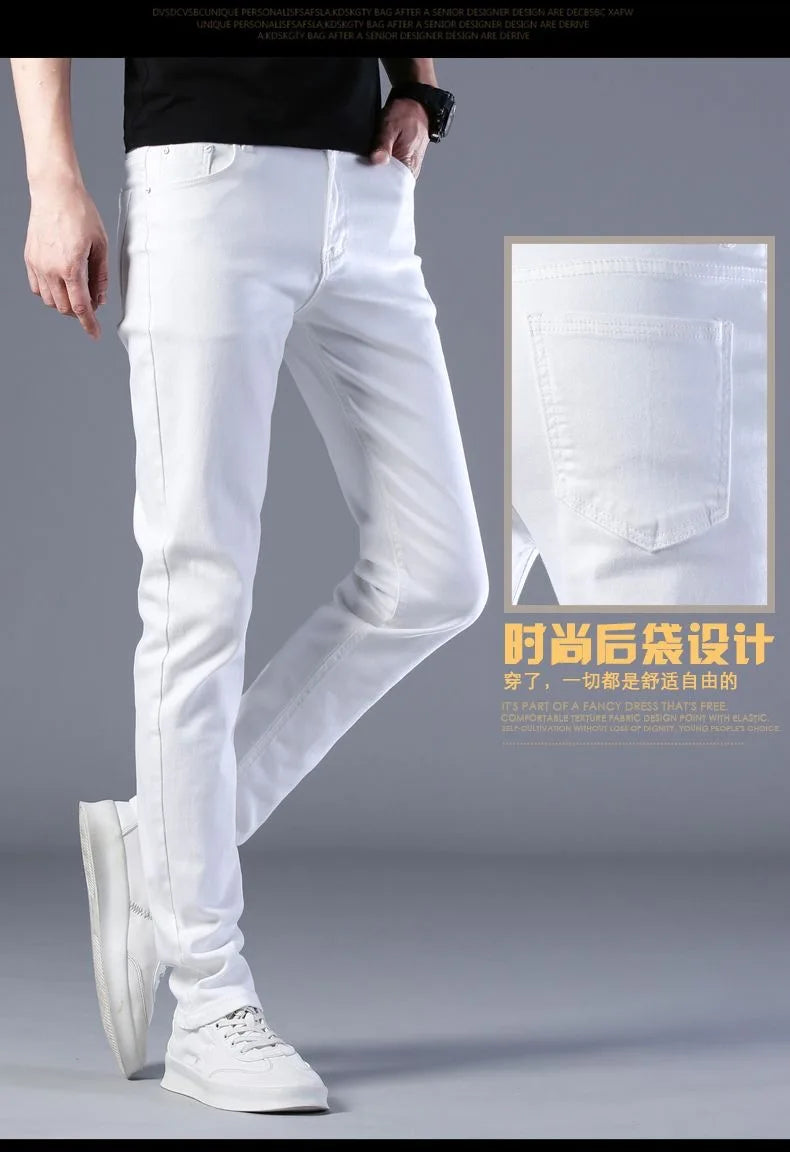 2024 Spring and Autumn New Fashion Trend White Elastic Denim Pants Men's Casual Slim Comfortable Breathable Small Legs 28-38