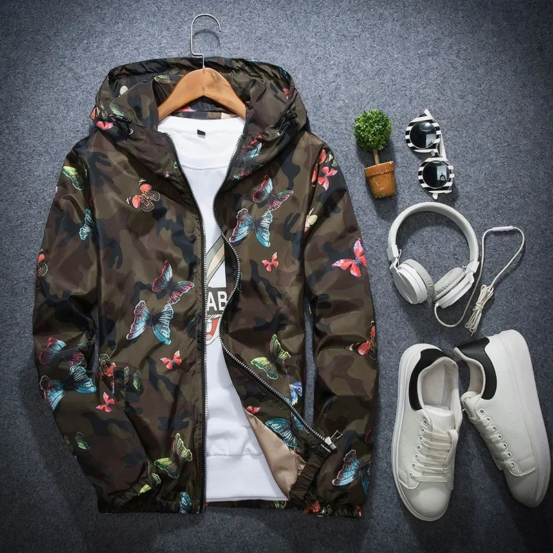 2025 Spring New Men's Camouflage Hooded Jacket Fashion Butterfly Print Loose Casual Coat Men Hood Windproof Outerwear Young Teen
