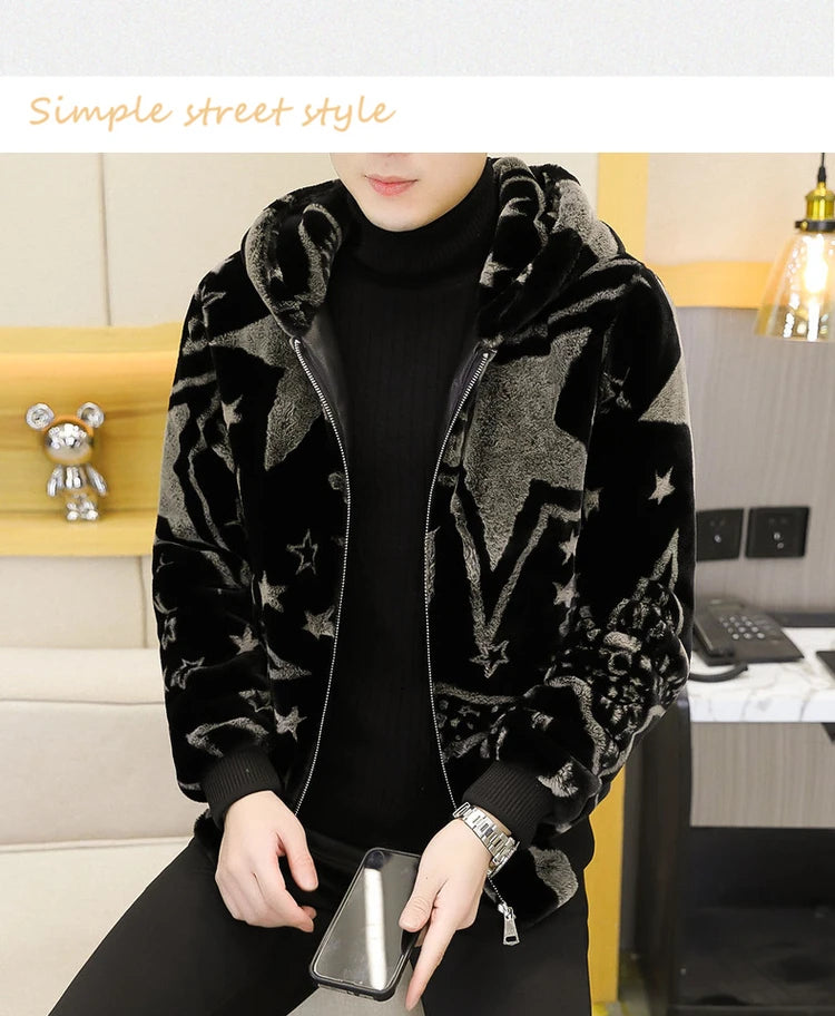 2022 Winter Faux Fur Mink Jackets Men Thicken Warm Imitation Fur Hooded Coat Slim Casual Business Social Jackets Men Clothing