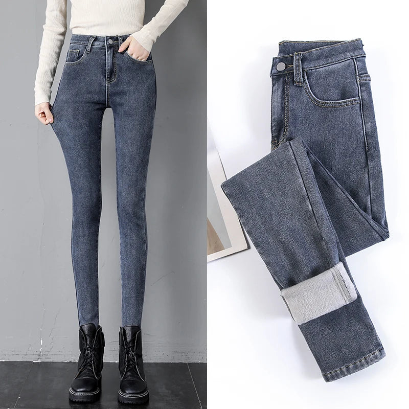 Trend Women High Waist Thermal Women's Jeans Winter Warm Plush Lined Denim Pants Leggings Blue Black Female Pants Trousers