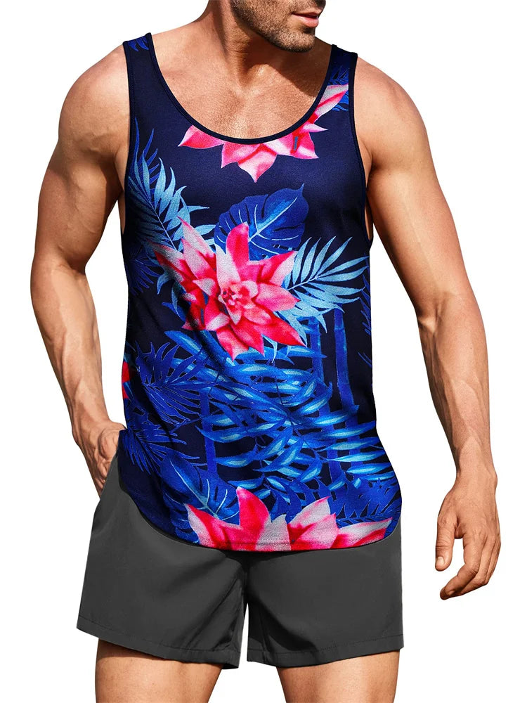 New Summer Men's Sleeveless T-Shirt Men's Outdoor Hawaii Classic Travel Wear Plus-Size Round Neck Palm Leaf 3D Printed Vest