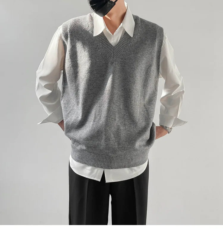 Korean Loose Base Knitted Sweater Sleeveless Vest Men's Underwear Pullover V-neck Sweater Vest